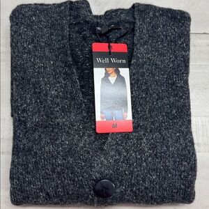 Well worn V-neck Front patch pockets Button front closure Soft yarn sweater